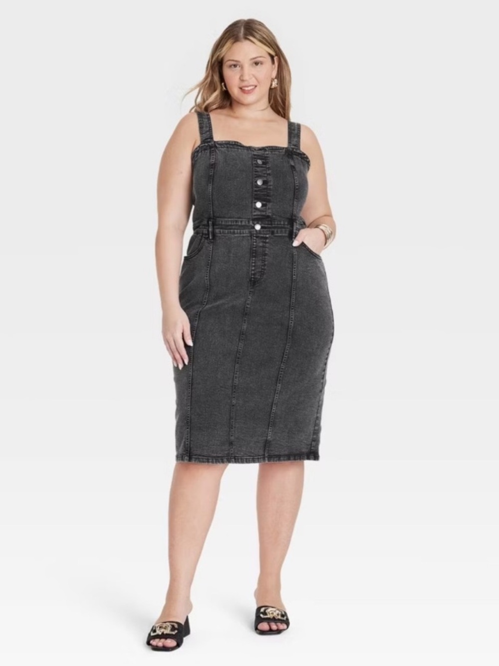 Ava & Viv Plus Black Denim Square Neck Button Front Dress NWOT
